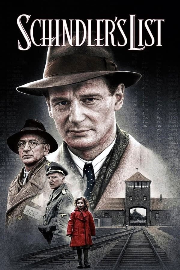 chindler’s List landscape poster featuring the central characters, the girl in the red coat, railway tracks, and concentration camp entrance.