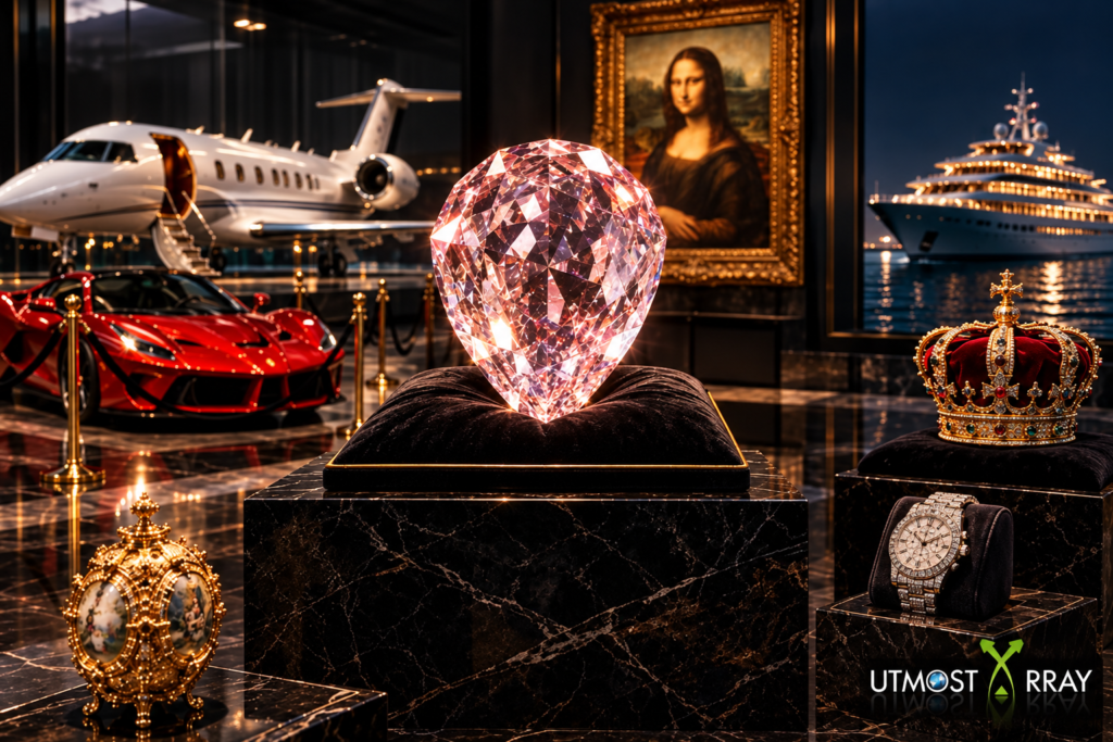 A luxury-themed visual representing the world’s most expensive things, featuring a rare diamond, private jet, supercar, yacht, crown, luxury watch, and priceless artwork.