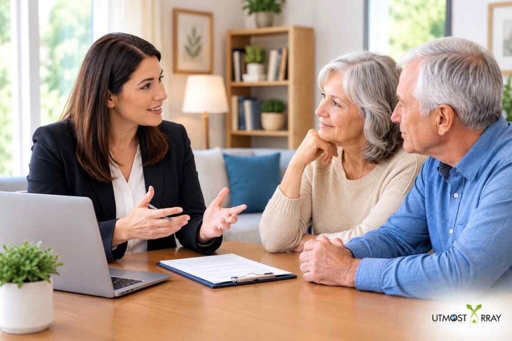 Questions to Ask Before Choosing a Senior Living Advisor Senior living advisor discussing care options with an older adult and family
