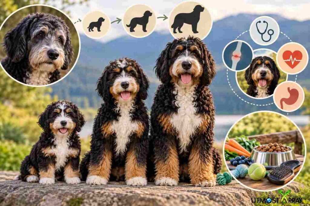 How Long Do Bernedoodles Live? Lifespan by Size, Health Risks, and Care Tips Mini, medium, and standard Bernedoodles showing lifespan differences, health risks, and care essentials.