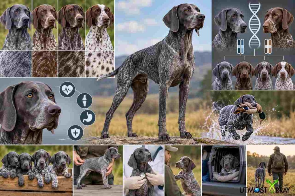 Blue German Shorthaired Pointer: Coat Colors, Genetics, Rarity, Health, and Puppy Buying Guide Blue German Shorthaired Pointer with a gray roan coat, showing coat variations, genetics, health, and puppies