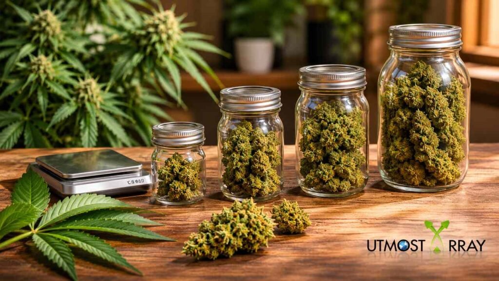 How to Choose a Cannabis Flower Quantity That Fits Your Needs Four glass jars containing different quantities of cannabis flower on a wooden table, with a digital scale and Utmost X Ray logo.