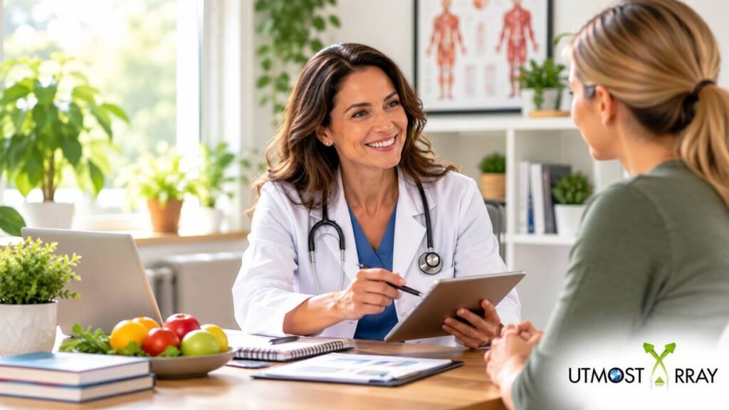 How Do Licensed Clinicians Become Certified Health Coaches? Licensed clinician providing personalized health coaching to a patient in a modern wellness clinic