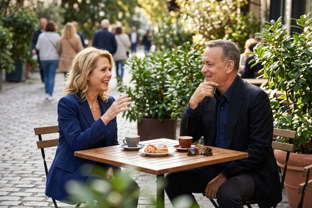 Shari Redstone and Tom Hanks: Is There a Real Connection Between Them? Shari Redstone and Tom Hanks talking together at an outdoor café