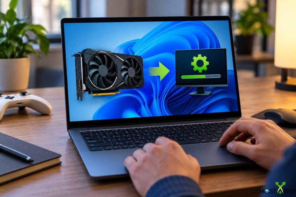 How to Update Graphics Drivers on Windows 10 and 11 (Step-by-Step Guide) Updating graphics drivers on a Windows laptop with GPU and driver installation progress graphics.