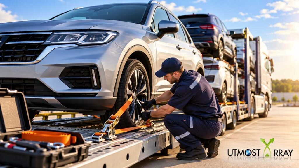How to Prepare a Vehicle for Safe Road Transport Transport worker securing a silver SUV on a car carrier trailer to prepare a vehicle for safe road transport.