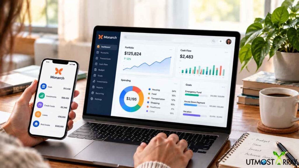 What Is Monarch Money? Features, Pricing, Pros, Cons, and How It Works Text: Monarch Money budgeting app dashboard displayed on a laptop and smartphone.