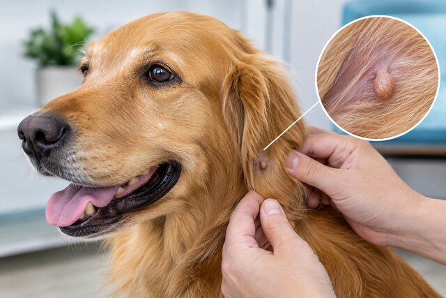 Golden retriever with a skin tag on its neck, showing why dogs develop skin tags