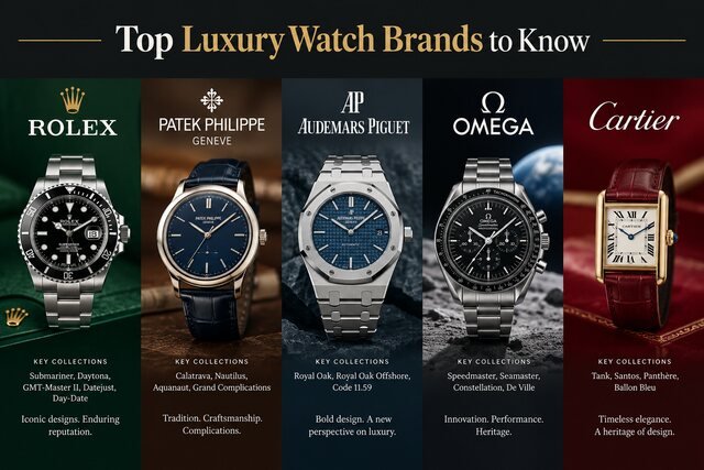 Top luxury watch brands including Rolex, Patek Philippe, Audemars Piguet, Omega, and Cartier